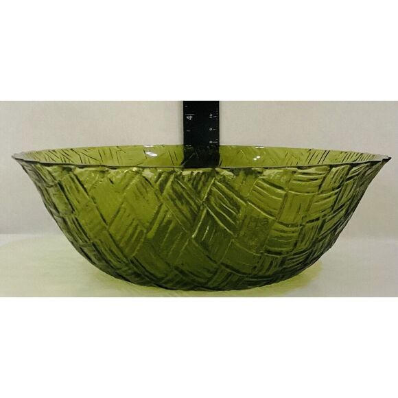 Vintage 50’s Indiana Glass Weavetex Avocado Green Salad Serving Bowl - Picture 3 of 5